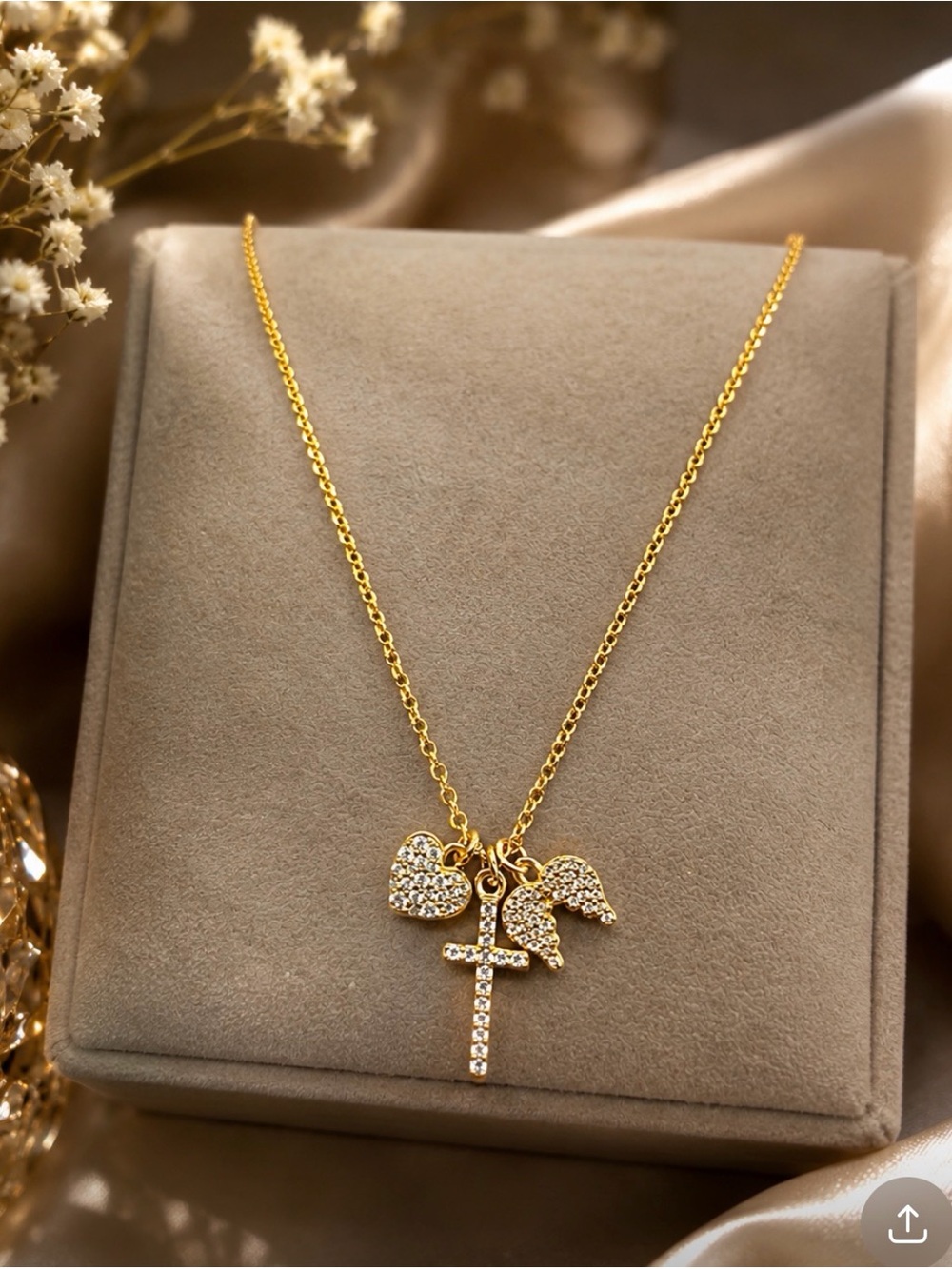 DAVID MARKSTEIN 925 GOLD VERMEIL TRIPLE CHARM CROSS HEART ANGEL WING NECKLACE